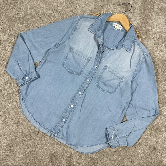 Cloth & Stone Long Sleeve Point Collar Chambray Denim Shirt Button Front Blue L - Picture 2 of 16